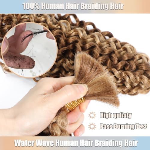 Human Braiding Hair 27/30 Water Wave Bulk Human Hair for Braiding 14 Inch Highlight Ombre Wet and Wavy Human Hair Bundles No Weft 50g 12A Brazilian Virgin Curly Human Hair for Boho Braids