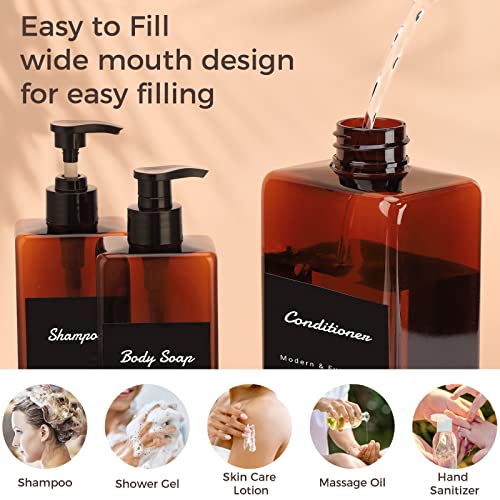 Suream Amber Shampoo and Conditioner Dispenser with Black Plastic Pump, 16.9oz Refillable Shower Bottle for Bathroom, Empty Container for Body Wash, Hand Soap, Lotion, Massage Oil