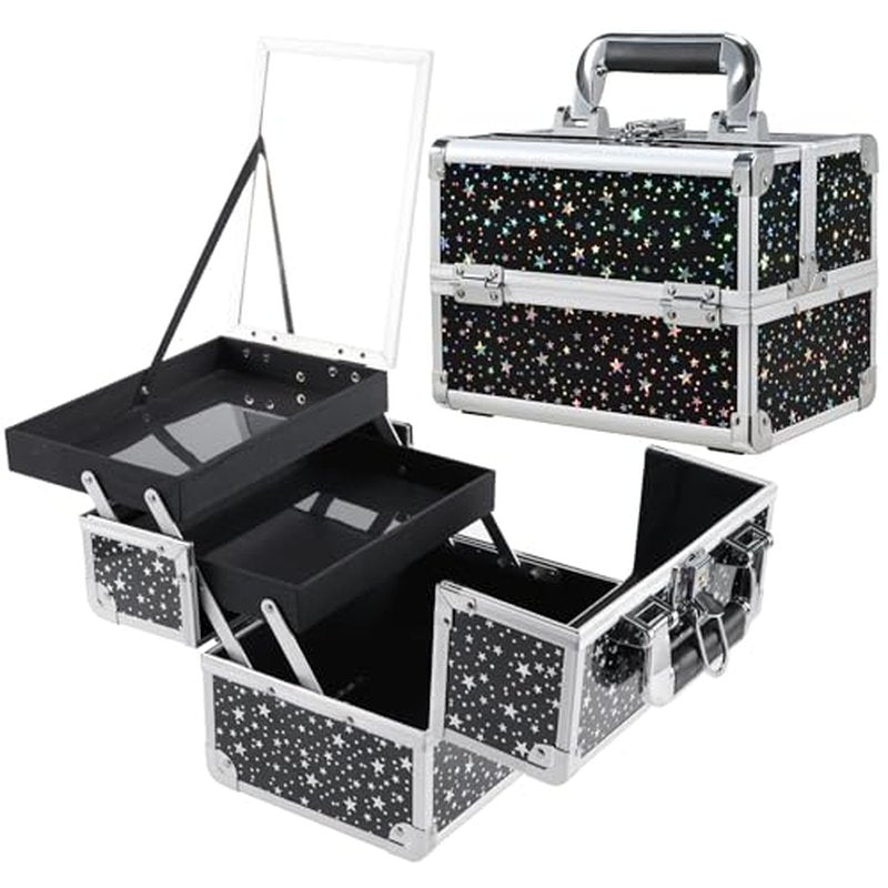 Joligrace Makeup Train Case Portable Cosmetic Box 2 Trays with Mirror Lockable for Makeup Nail Tech and Beauticians Traveling Makeup Storage Organizer - Black Star