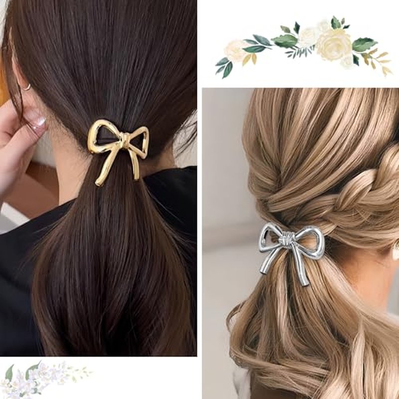 Metal Bow Hair Tie Ponytail Holders Hair Cuff Gold & Silver Metal Hair Ties Scrunchies Hair Accessories for Women Hair Elastic Rubber Bands for Hair No Damage 2 PCS (style-01)