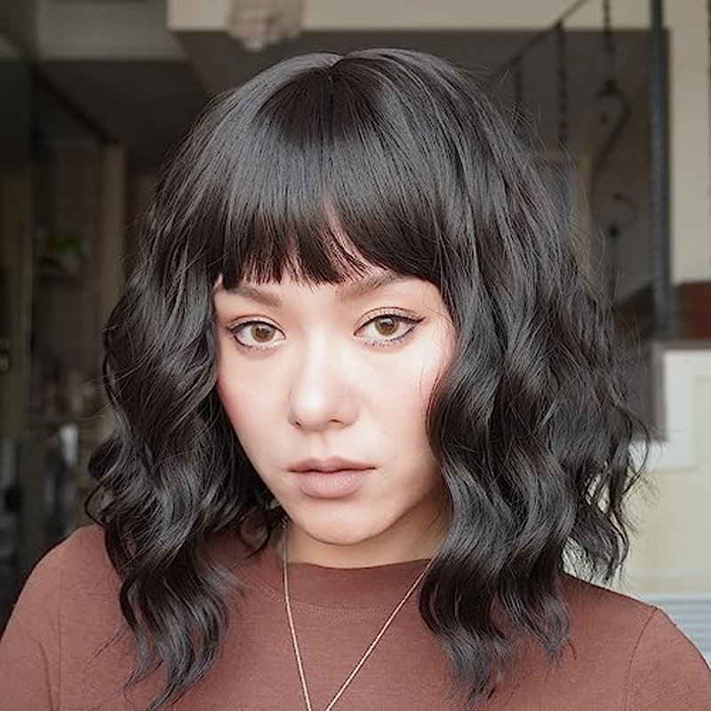Zuoou Synthetic Blonde Short Curly Bob Wig with Bangs, Stylish Cute Wavy Hair Shoulder Length Pastel Cosplay Wigs for Women Girls Daily Use