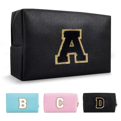 Small Personalized Initial A-Z Preppy Patch Makeup Bag,PU Chenille Letter Travel Cosmetic Pouch with Zipper,Blue Cute Toiletry Bag,Gift Ideal for Teen Girls Women Teacher Bridesmaid,Letter T