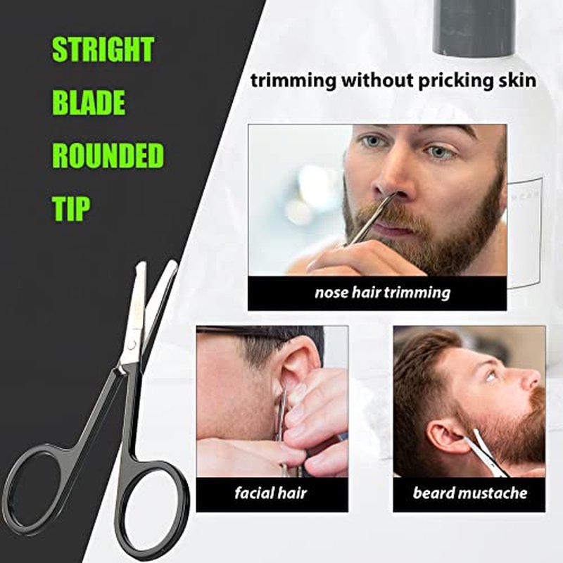 Facial Hair Small Grooming Scissors For Men Women - Eyebrow, Nose Hair, Mustache, Beard, Eyelashes, Ear Trimming Kit - Curved and Rounded Safety Tip Clippers For Hair Cutting - 2PCS Silver
