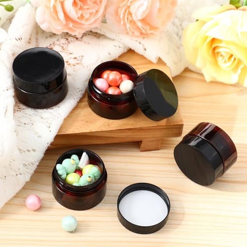 Patelai 4 Pieces Round Clear Wide-mouth Leak Proof Plastic Container Jars with Lids for Travel Storage Makeup Beauty Products Face Creams Oils Salves Ointments DIY Making or Others (Amber,1 Ounce)