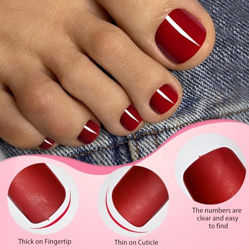 LoveOurHome 240pc Red Press on Toenails Women Fake Toe Nails with Glue Tabs, Dark Red Fake Toenails Press on Toes Nail Glue on Toenail Acrylic Toe Nail Tips Gel Artificial False Stick Toenail Tip