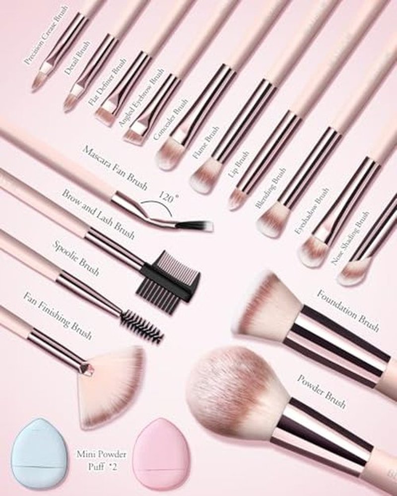 Makeup Brushes with Case, 20PCs Travel Makeup Brush Set, Foundation Concealer Blush Eyeshadow Brush Set Contour Powder Eyebrow Eyelash Brush Kit with Led Light Mirror Holder & 2 Powder Puff-Champagne