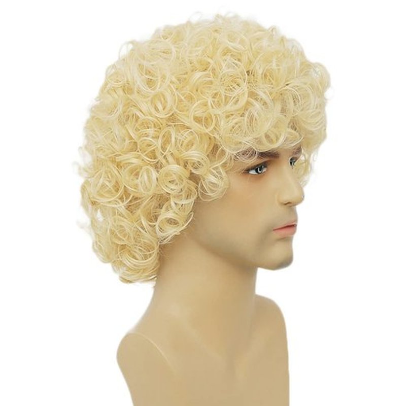 Dai Cloud Mens Curly Light Blonde Afro Wig Short Fluffy Rocker Wigs Cosplay Costume Daily Hair Wig for Male Guys