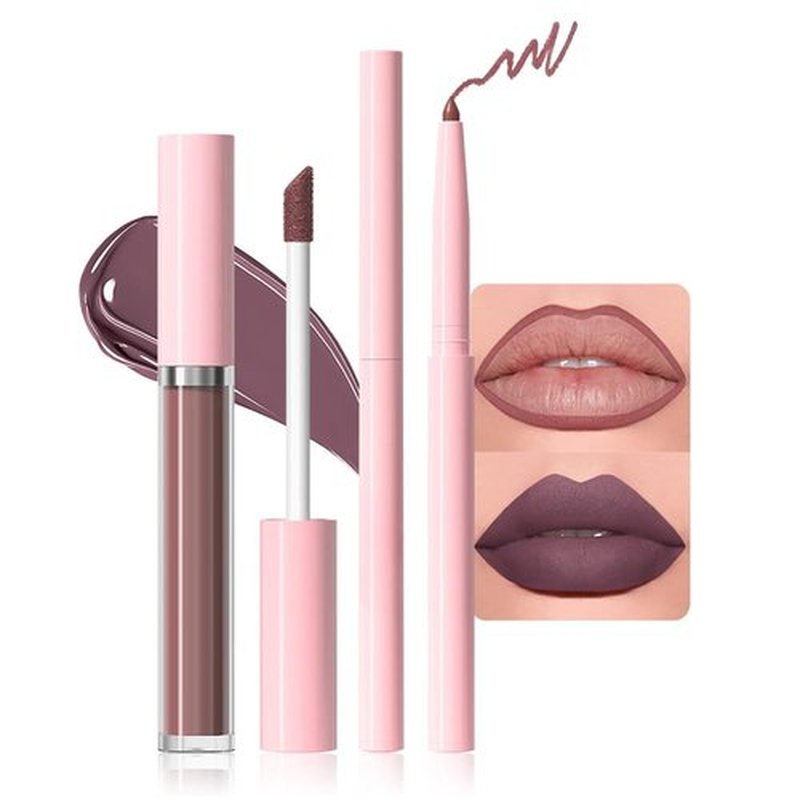 JUAAZIN 2pcs Rose Taupe Matte Lip Liner and Lipstick Makeup Set, Vegan Lipstick Lip Liner and Gloss Set Lip Stain Long Lasting Waterproof Smudge-Proof Properties Non-stick Cup(Rose Taupe 10#)