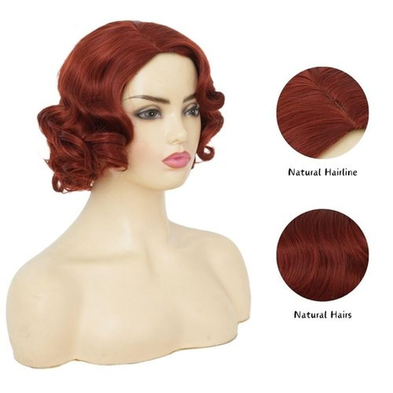 Amnenl Short Red Finger Wave 1920s Wigs for Women Synthetic Hair Wig Cosplay Halloween Costume Flapper Wig(Brown Red)