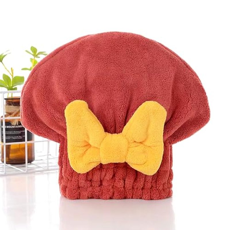 2Pcs Microfiber Hair Drying Caps Extrame Soft Ultra Absorbent Quick Drying Hair Turban Wrap Towels Bow Knot Shower Cap for Curly Long Thick Wet Hair Girls and Women (Burgundy+Yellow)