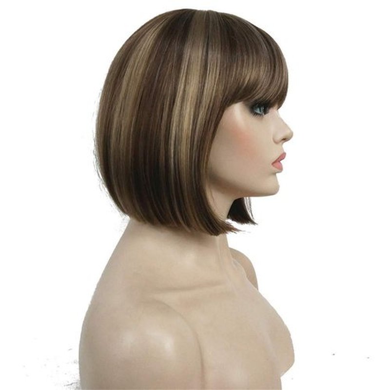 Aimole Short Straight Bob Wig Cute Flat Bangs Synthetic Full Women Wigs (AB607)