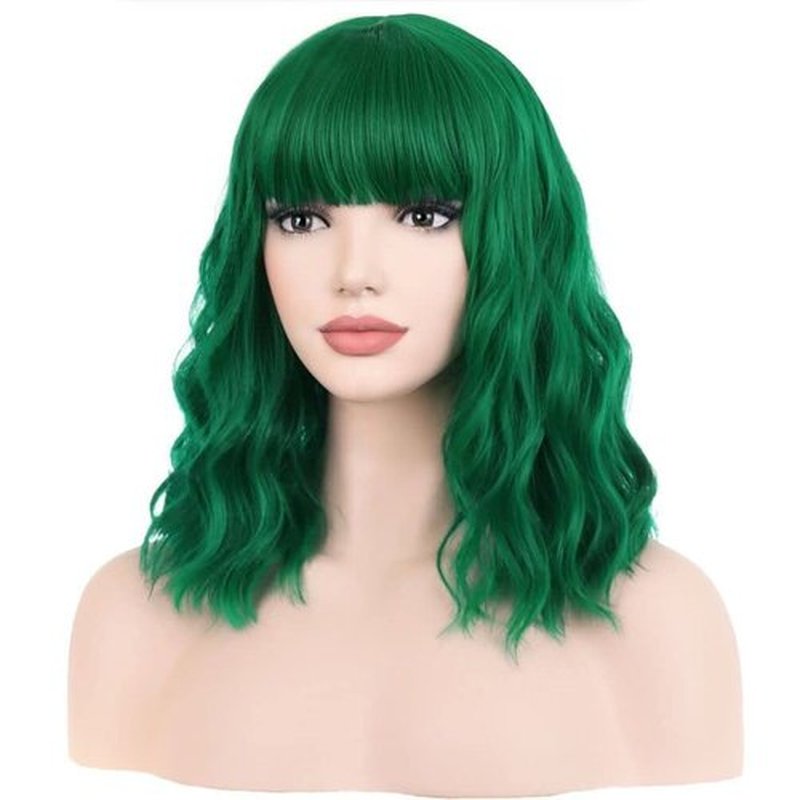 BERON 14 Inches Emerald Green Wig for Women Short Curly Wig Green Wig with Bangs Bob Wig Green Wigs for Daily Party Wig Cap Include