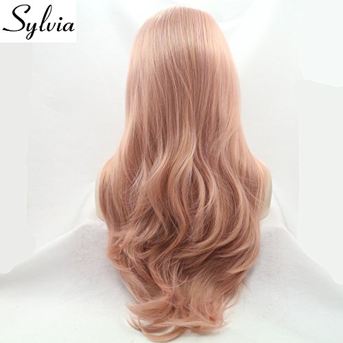Sylvia Peach Pink Lace Front Wigs Long Curly Wave Layered Dusty Pink Heat Safe Synthetic Hair Lace Front Wigs Decent Parting Space Transparent Lace for White Pale Scalp for Drag Queen…