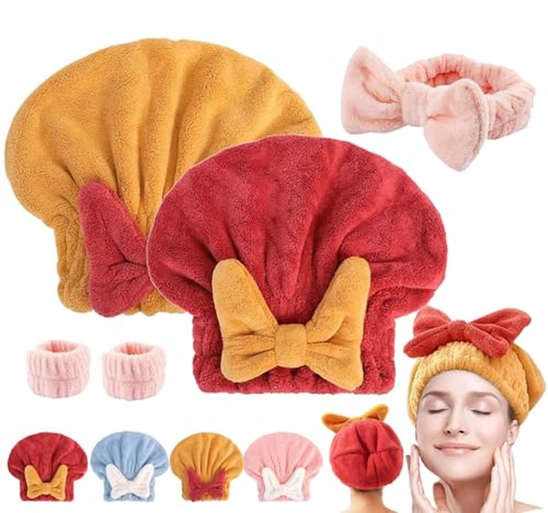 GDSAFS Hair Towel Wrap for Women, New Super Absorbent Hair Towel Wrap for Wet Hair, Efficient Absorbent Hair Towel Wrap, Quick-Drying Thickened Soft Bow Tie Wet Hair Towel Wrap for Women (Red&Yellow)