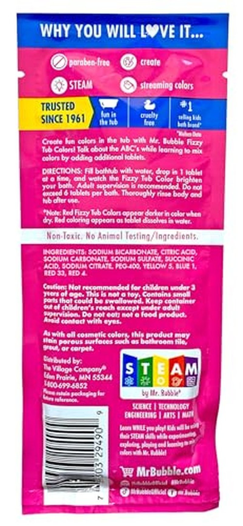Mr. Bubble Fizzy Tub Colors Bath Water Coloring Tabelets, 6 Bright Colors, Red, Orange, Yellow, Purple, Blue and Green, Fragrance Free (12 Packets, 9 Tablets Each)