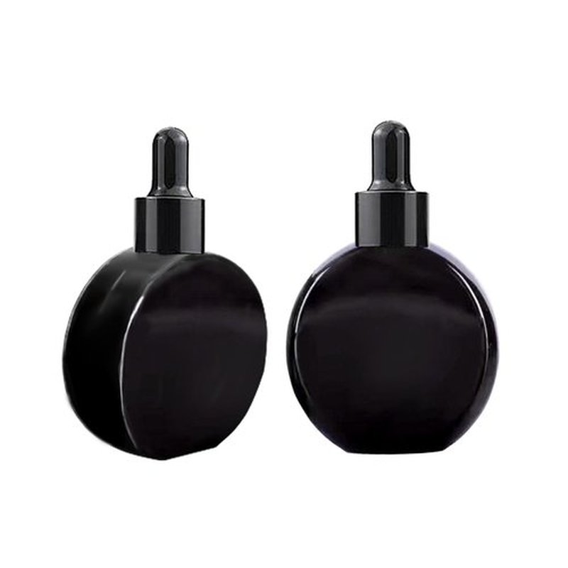 PYAWI 6Pcs, 2 oz Black Glass Dropper Bottles for Essential Oils ，60ml flat round perfume bottle with Eye Droppers， for Essential Oils, Perfumes, Serums - Leakproof for Travel (B-Black)