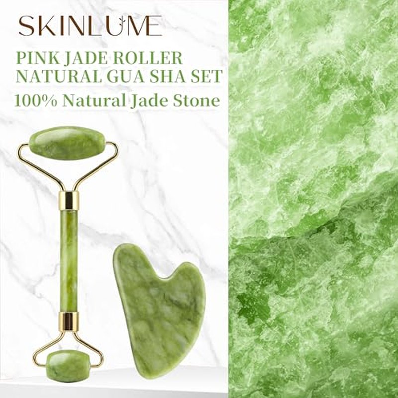Jade Roller Gua Sha Facial Tool - For Face Neck Eye Jawline, Reduce Puffiness and Tension, Gift Set for Men Woman 100% Natural Jade Stone - SkinLume (Green)
