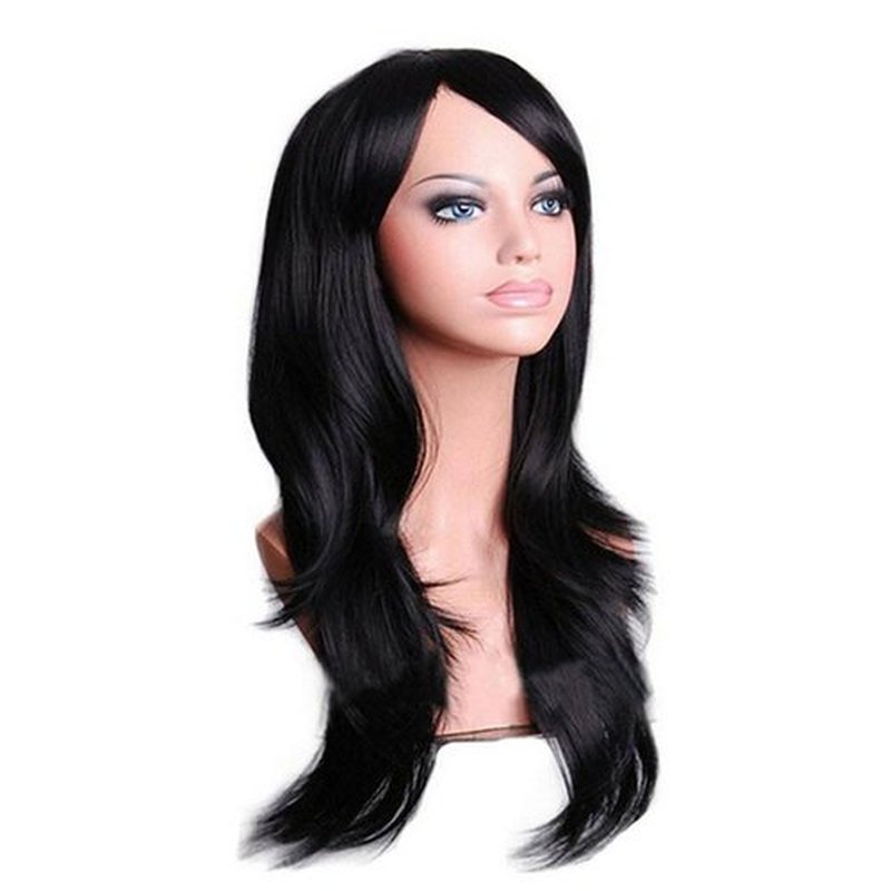 Luhuanx Wigs for Women Girls Long Wavy Heat Resistant Fiber Wigs Side Bangs Cosplay Party, Women's Wigs with Bangs Long Fluffy Curly Wavy (Black)
