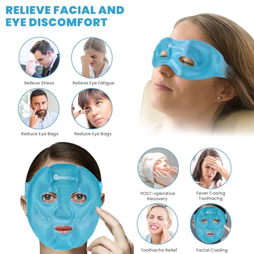 RelaxCoo Ice Face Eye Mask for Dark Circles and Puffiness Cold Warm Compress, Gel Cold Cooling Face Mask Package for Women and Men, Migraines, Headache, Stress and Relaxation blue