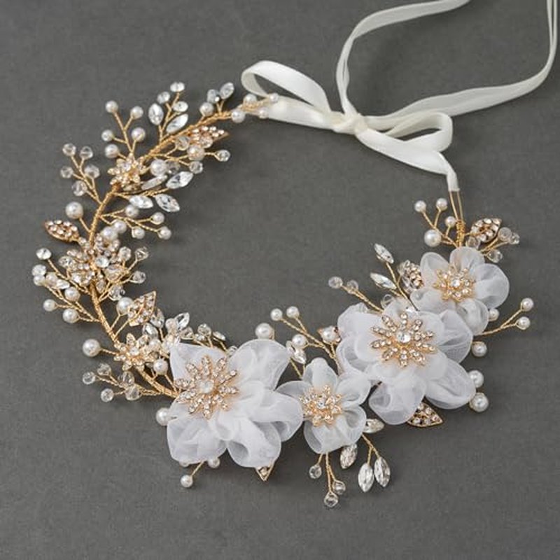 SWEETV Flower Wedding Headpieces for Bride Rhinestone Bridal Headband handmade bride hair vine wedding hair piece for bride hair accessories for Women and Girls Gold