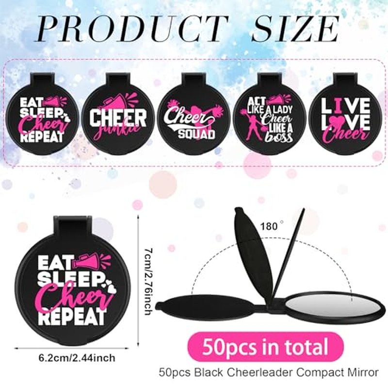 Wenqik 50 Pcs Cheerleader Mirror Gifts Cheerleading Compact Mirror Bulk Folding Pocket Mirror Cheer Party Favors for Team(Black Pink Cheer)
