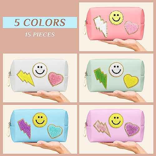 Silkfly 15 Pcs Preppy Patch Makeup Bag Bulk End of the Year Teacher Gifts Bulk Cosmetic Toiletry Bag Smile Lightning Heart PU Leather Portable Waterproof Makeup Cosmetic Purse for Women(Colorful)