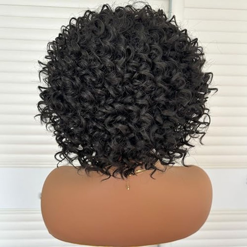 Short Kinky Curly Wig 8 Inch Bob Wigs for Black Women Natural Black Short Loose Curly Wig with Bangs Synthetic Big Bouncy Curls Full Hair Wig Heat Resistant Fiber