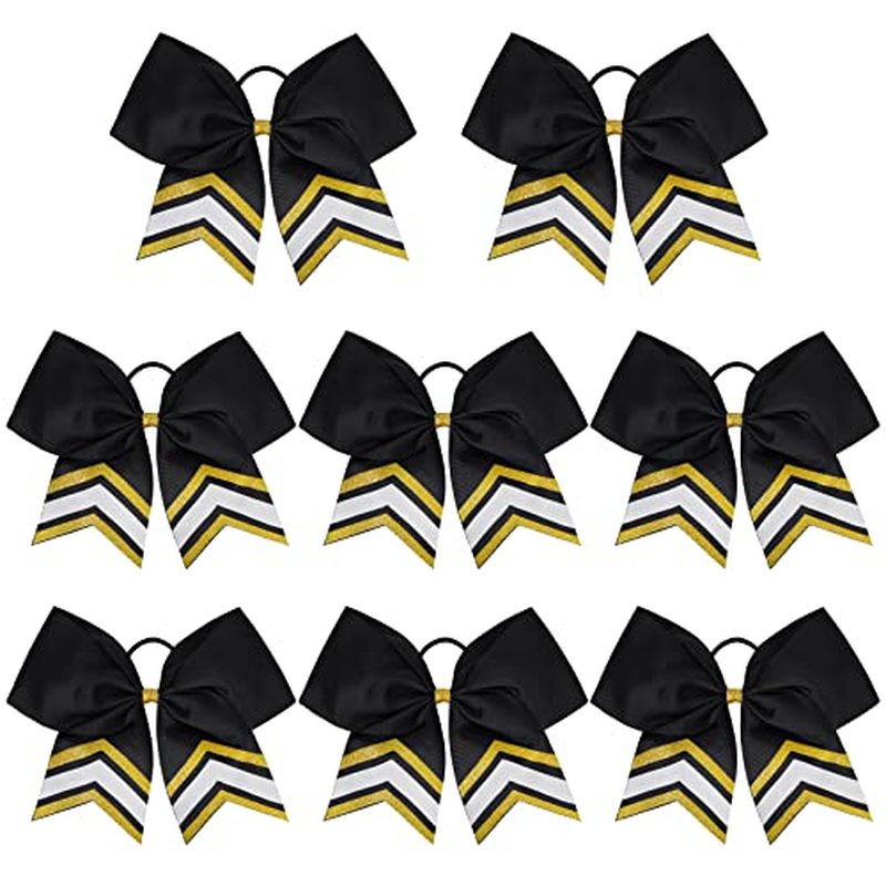 DEEKA 8PCS Large Glitter Cheer Bows Shiny 7" Cheer Hair Bows Ponytail Holder Handmade for Cheerleader Girls Softball Sports -Gold/Black