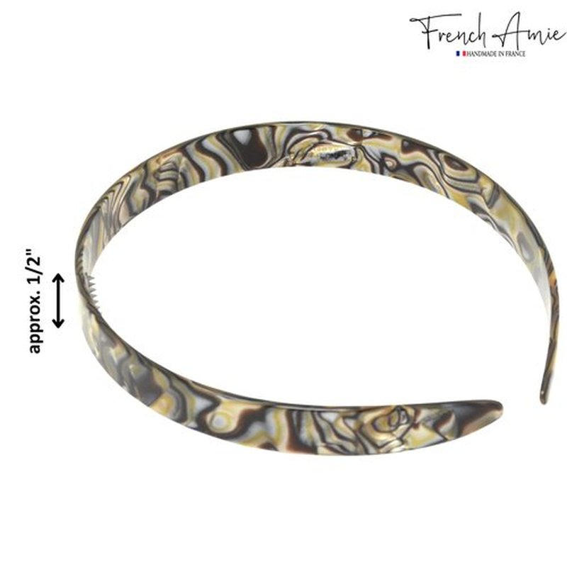 French Amie Wide 1/2" Celluloid Handmade French Hair Head bands Fashion Headbands for Women Very Flexible Strong Hold Grip Headbands Non Slip Durable Styling Girls Paris Women's Hair Accessories, Made in France (Silver Onyx Gray)