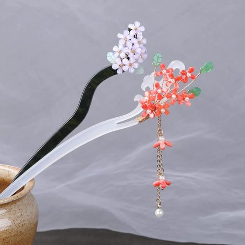 2 Pcs Rabithenn Chinese Cloud Shape Red and Purple Flower Hair Sticks Resin Hair Chopsticks Retro with Tassel Handmade Hairpin for Buns Accessories for Women Girls Long Hair (Black and White)