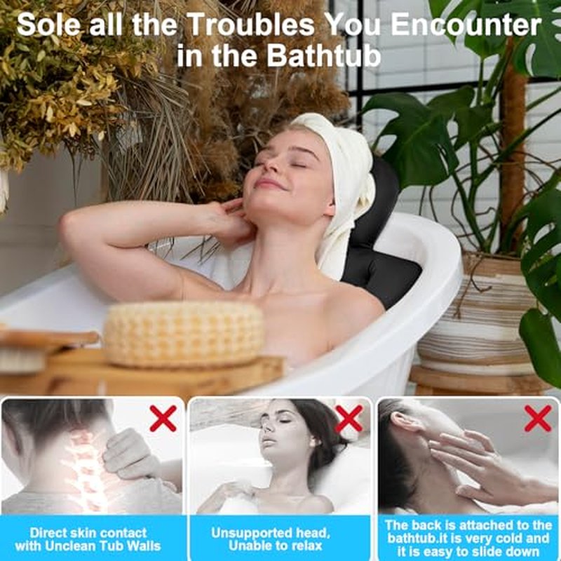 Luxury Full Body Bath Pillow for Bathtub, Bath Pillows for Tub with Mesh Laundry Bag & Non-Slip Suction Cups, Cushion for Bathtub Headrest Neck Back Support - 5D Air Mesh & Quick Drying | Black