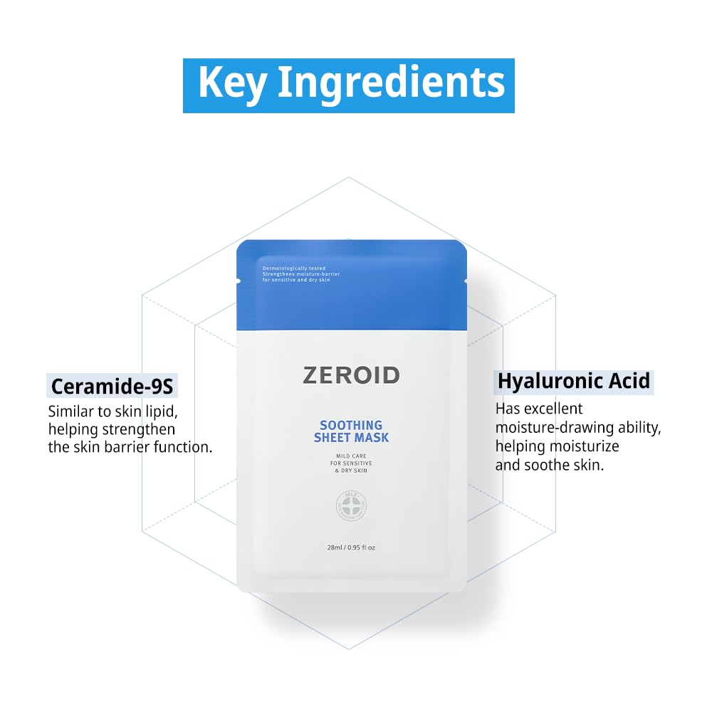 ZEROID | Soothing Sheet Mask | Face Masks Skincare for Sensitive and Dry Skin | Korean Face Mask with Hyaluronic Acid & Ceramide | Hydration & Skin Barrier Enhancement | Pure Cotton Sheet | 5 Sheets