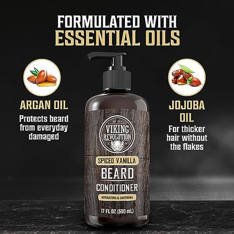 Viking Revolution Spiced Vanilla Beard Conditioner for Men with Argan Oil and Jojoba Oil - Beard Softener and Strengthener Natural Beard Conditioner with Beard Oil - Beard Care Moisturizer (17oz)