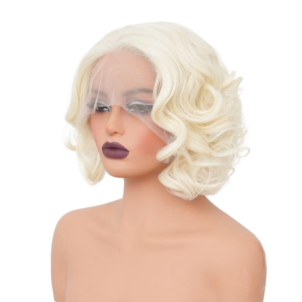 Salaibs Blonde Short Curly Lace Front Wig for Women Platinum Synthetic Hair Natural Hairline Wigs for Cosplay Daily Party Use