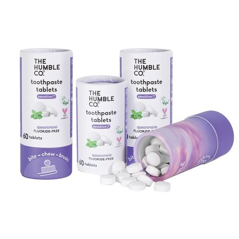The Humble Co. Sensitive Toothpaste Tablets – Fluoride Free Toothpaste Tablets for Sensitive Teeth and Gums, Dentist Developed Formula, Vegan, SLS Free, Plastic Free (Spearmint, 2 PK, 60 Tablets Each)