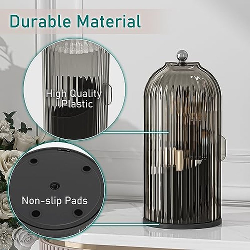 GAXmi Makeup Brush Holder with Lid Cosmetic Tools Organizer 360 Rotating Waterproof Dustproof Makeup Brushes Storage for Vanity, Black-Grey