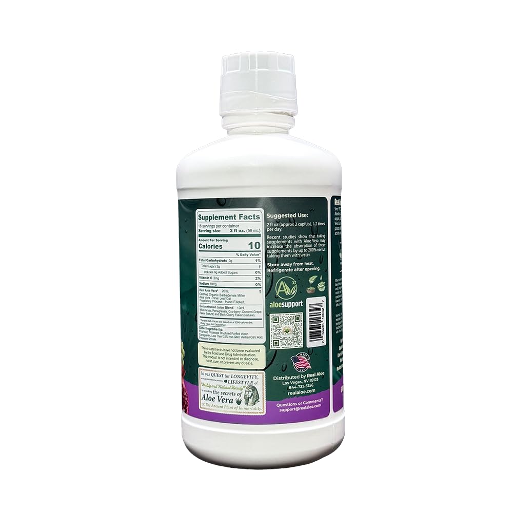 Real Aloe Super Gel Juice (32 fl oz) | Organic California-Grown Aloe Vera with Pomegranate & Cranberry | Aloin-Free Inner Leaf | Hydration & Antioxidant Support | Dietary Supplement | Made in USA
