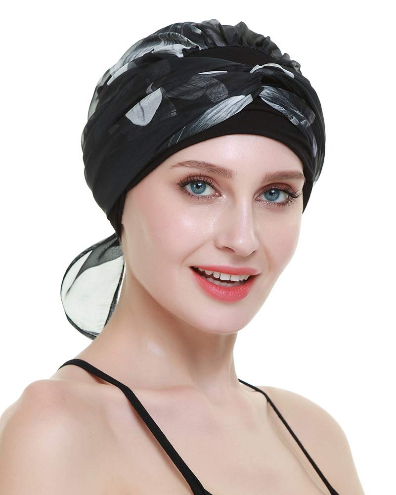 Chemo Caps for Women Light Weight Cancer Scarf Feminine Head Cover for Long Hair Girls White Flowers
