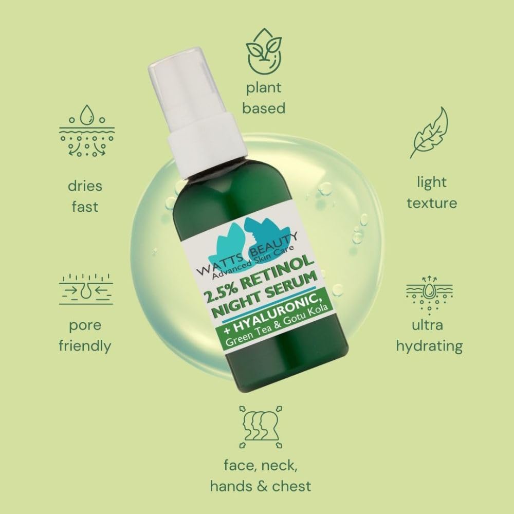 Watts Beauty 2.5% Retinol Serum with 50% Hyaluronic Acid - Anti Aging, Fine Lines, Wrinkles, Blemishes, Large Pores - No Parabens, No Animal Testing - 4.48oz