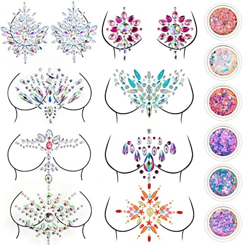 Leelosp 8 Set Halloween Jewels Tattoo Body Gems Rhinestone Sticker with 6 Boxes Chunky Holographic Face Hair Glitter Crystals Face Stickers Jewels for Rave Festival Makeup(Elegant Style)
