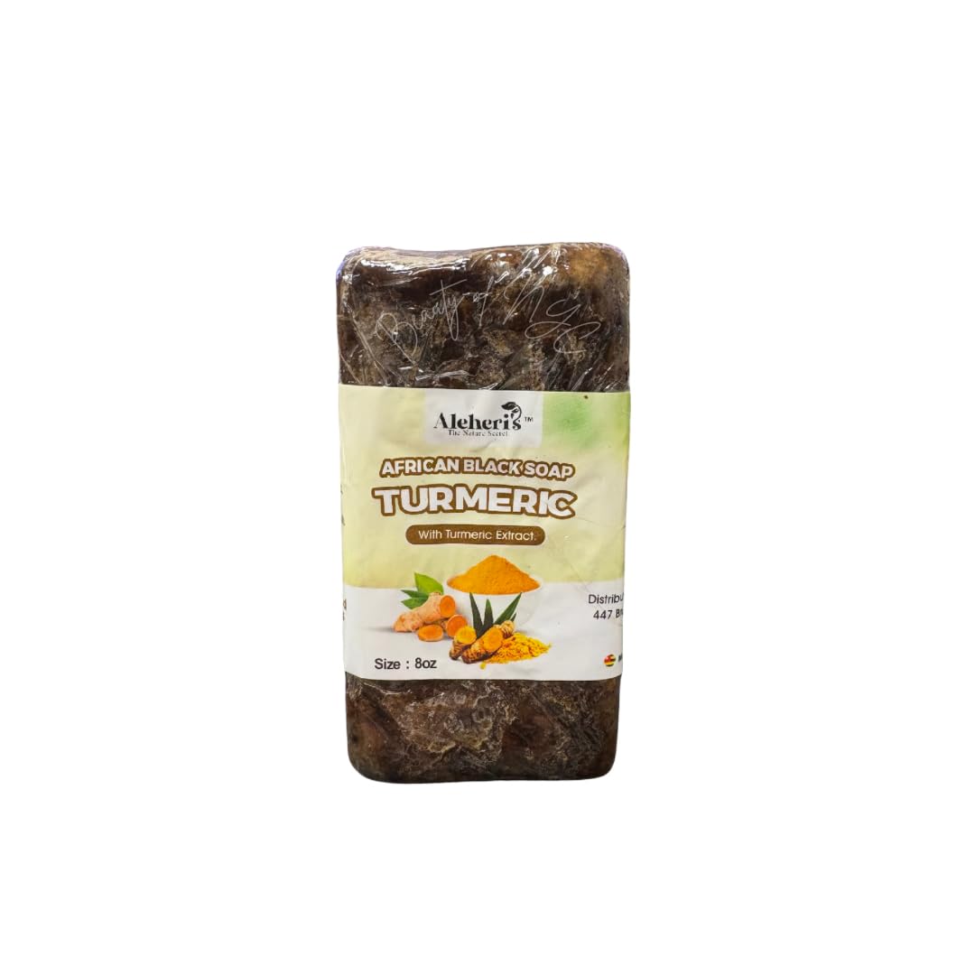 Aleheri's African Black Soap Turmeric 8 oz-100% All Natural, Raw Ingredients, For All Skin Types, Helps Rejuvenate, Aids Against Dark Spots, Eczema, Stretch Marks on Face&Body (1, 8 Ounce (Pack of 1))