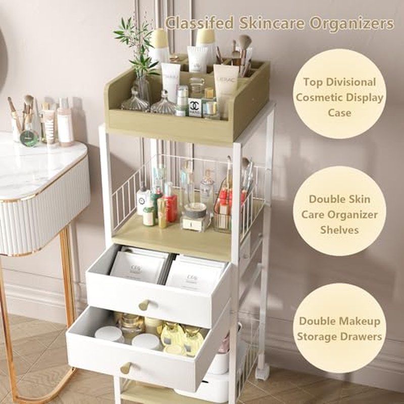 Makeup Organizer Cart Shelf Floor Skincare Organizers Make Up and Station Storage Cabinet For Vanity Standing Cosmetics With Drawers and Wheels For Nail Polish Perfume Hair Tool Holder Beauty(White)
