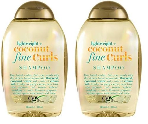 OGX Lightweight + Coconut Fine Curls Shampoo for Curly Hair, Coconut Water Shampoo, Flaxseed Oil, Citrus Oil, 13 Fl Oz (Pack of 2)