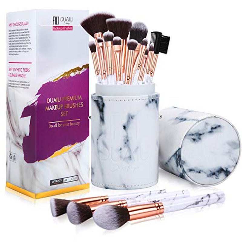 DUAIU Makeup Brushes Set Make Up Brushes Professional 15Pcs Marble Makeup Brush Set for Foundation Powder Concealers and Eyeshadow with Exquisite Marble Bucket Gift Box…