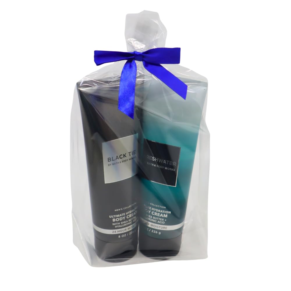 Bath & Body Works Black Tie and Freshwater Ultimate Hydration Body Cream for Men 2pc bundle Gift Set with a Blue bow for Holiday - 8 oz each