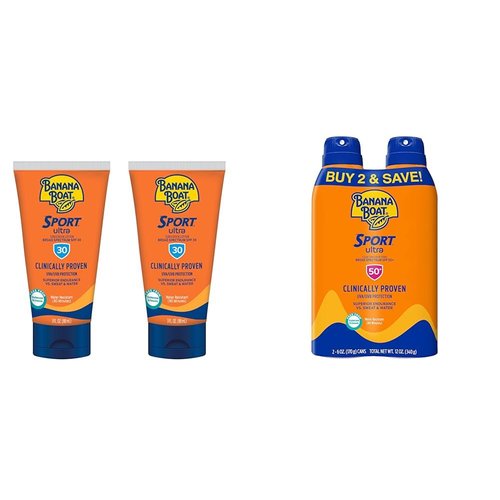 Banana Boat Sport Ultra Sunscreen Lotion SPF 30 Travel Size 3oz Twin Pack and Sport Ultra SPF 50 Sunscreen Spray Twin Pack