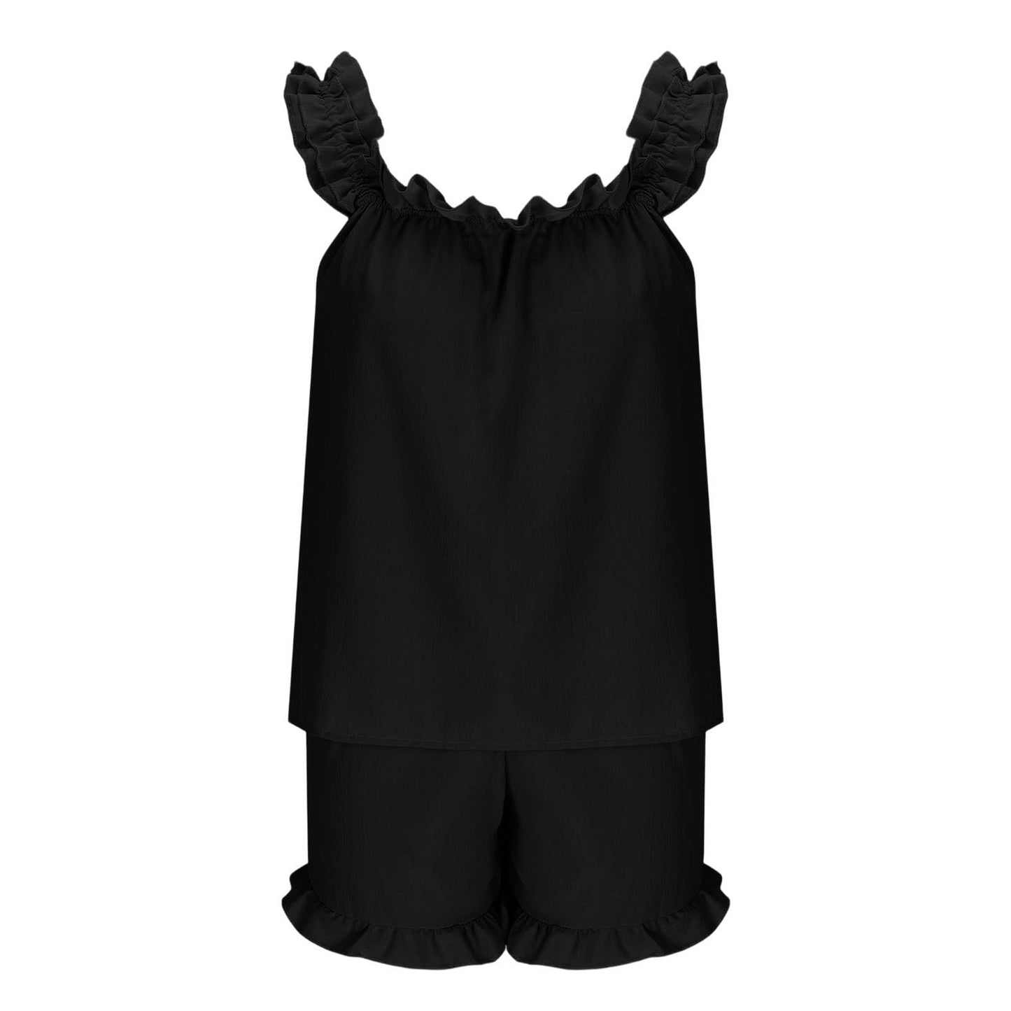 AOREUGL Pajamas For Women Set Soft Sexy Tank Tops With Drawstring Ruffle Hem Shorts Sleepwear Sets 2 Piece Bridal Pajama Black plus size pjs sets for women M