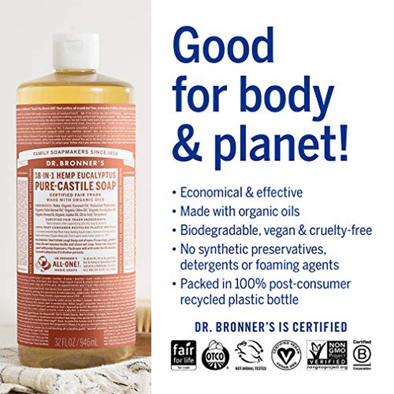 Dr. Bronner's - Pure-Castile Liquid Soap (Eucalyptus, 32 ounce) - Made with Organic Oils, 18-in-1 Uses: Face, Body, Hair, Laundry, Pets & Dishes, Concentrated, Vegan, Non-GMO