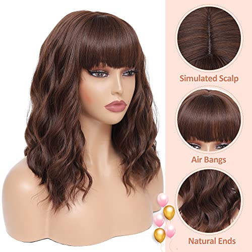 WEIWENHEE Short Wave Curly Bob Wig With Bangs-14 inch, Black Mixed Brown,Short Bob Wigs, Synthetic Wigs For Women, Natural Looking Heat Resistant Fiber Wigs