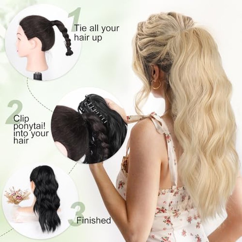 ALXNAN Ponytail Extension,24 Inch Claw Ponytail Hair Extensions for Women，Claw Clip in Long Wavy Synthetic Mixed Blonde Ponytail Extension for Daily Use.